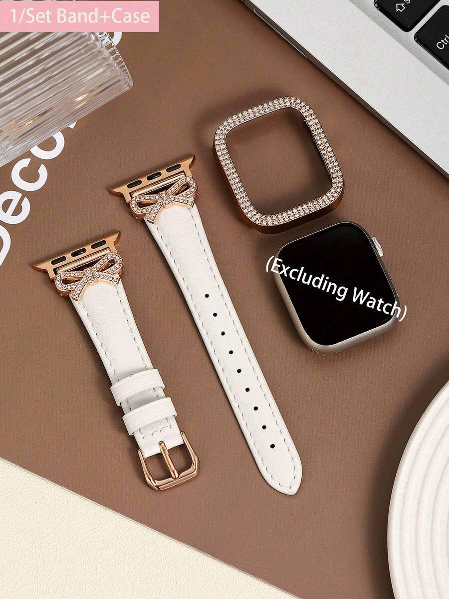 Luxury Watch Apple Bands - 럭셔리 로즈골드 다이아몬드 보우 시계줄 화이트
