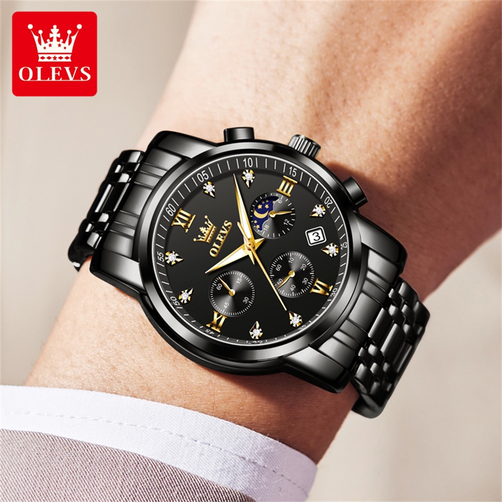 OLEVS 인기 남성용 시계 스테인레스 스틸 블랙 문  - Luxury Watch Price 리뷰 및 가격